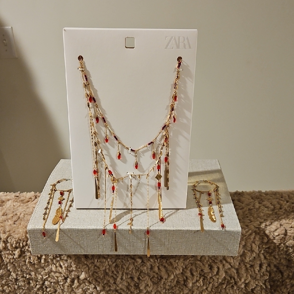 ZARA Gold Layered Necklace with Red Teardrop Beads